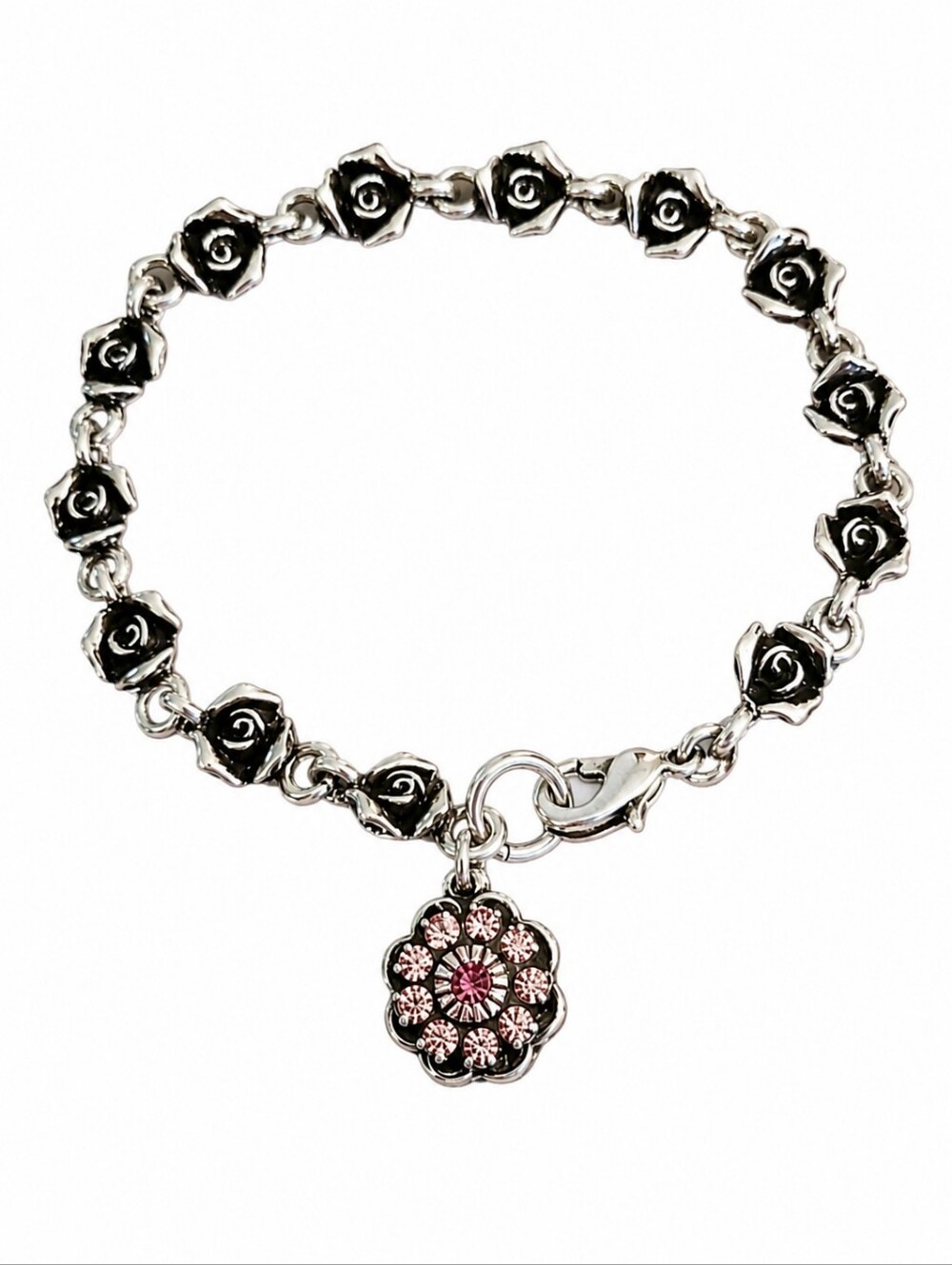 VTG Pewter Dainty Rose Link Pink Crystal Daisy Charm Tennis Bracelet